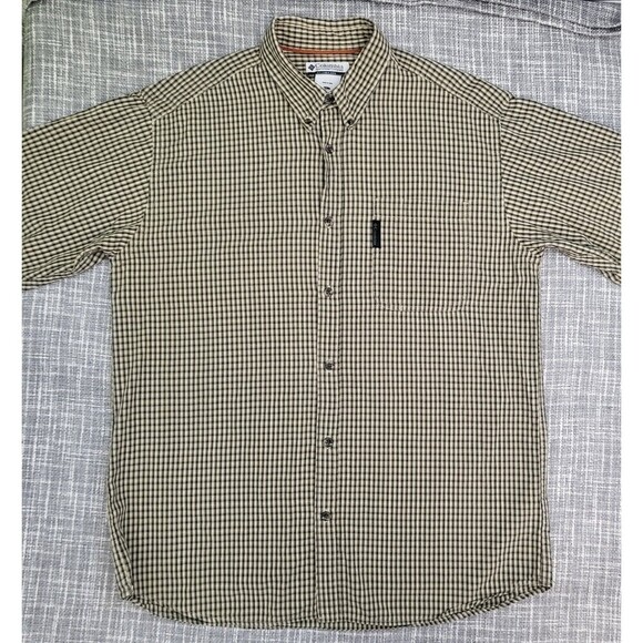 Columbia Rugged Button Down Shirt Mid-Weight Outdoor Tan Black Plaid Men's L - Picture 11 of 15